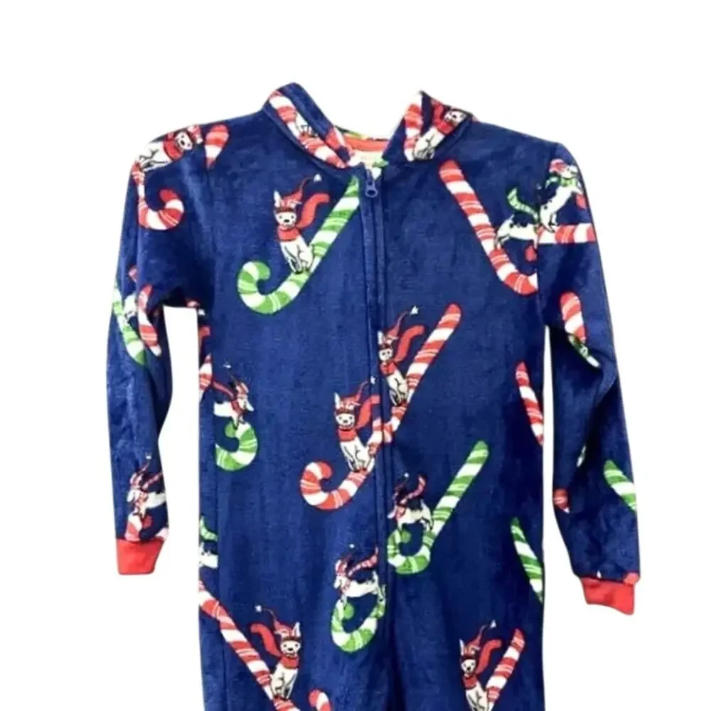 Munki Munki Youth Candy Cane Sled Hooded Fleece Pajamas Zip-Up One-Piece Blue 4
